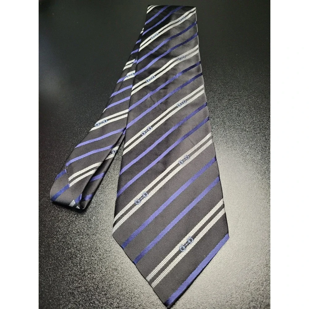 Gucci Men's Necktie Gray Purple Striped Silk 3.75 x 58 Excellent